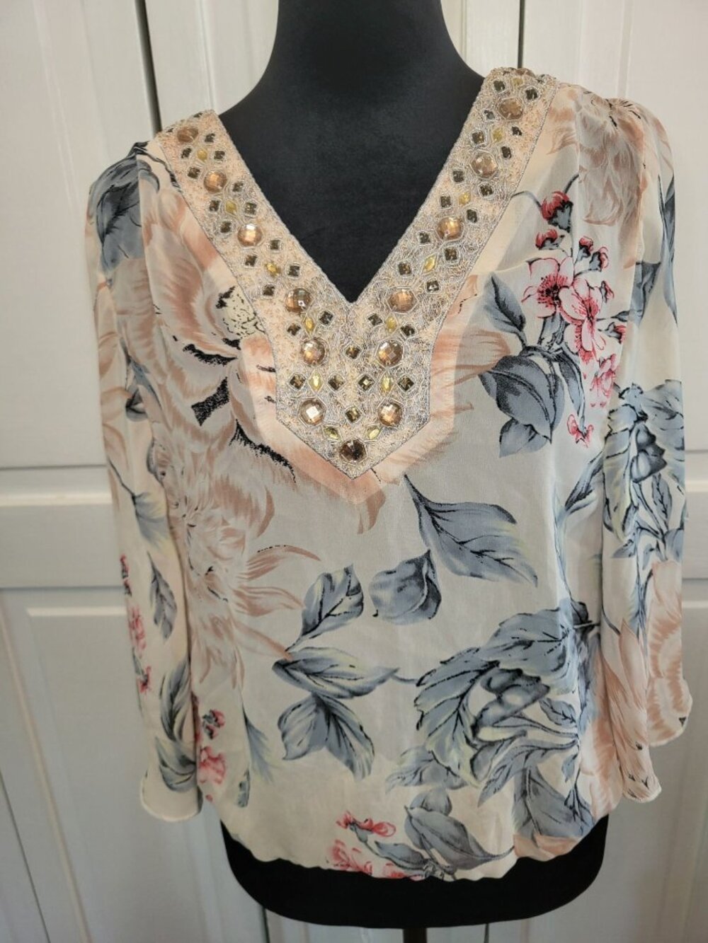 Studio Y Blush Sheer Floral Blouson Poncho Capelet Beaded S Fairy Cottage Boho
